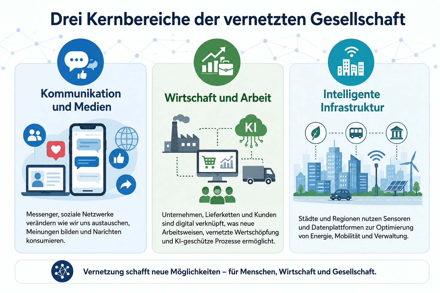 Infografik zu Kommunikation und Medien, Wirtschaft und Arbeit sowie intelligenter Infrastruktur