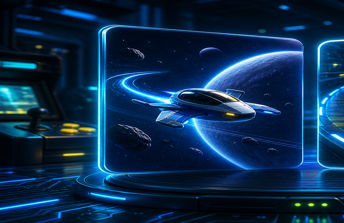 Gravity Courier Konzeptgrafik mit Raumschiff und Orbit-Linien
