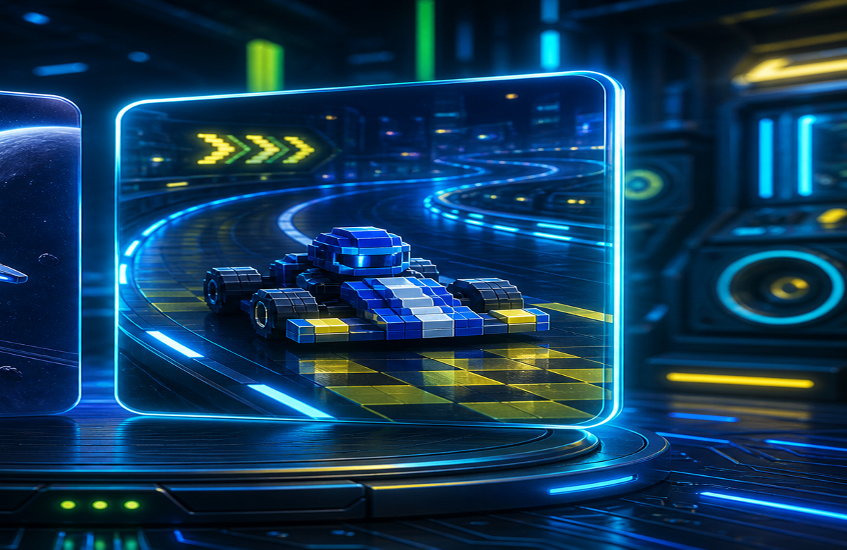 Pixel Kart Konzeptgrafik mit Neon-Rennstrecke