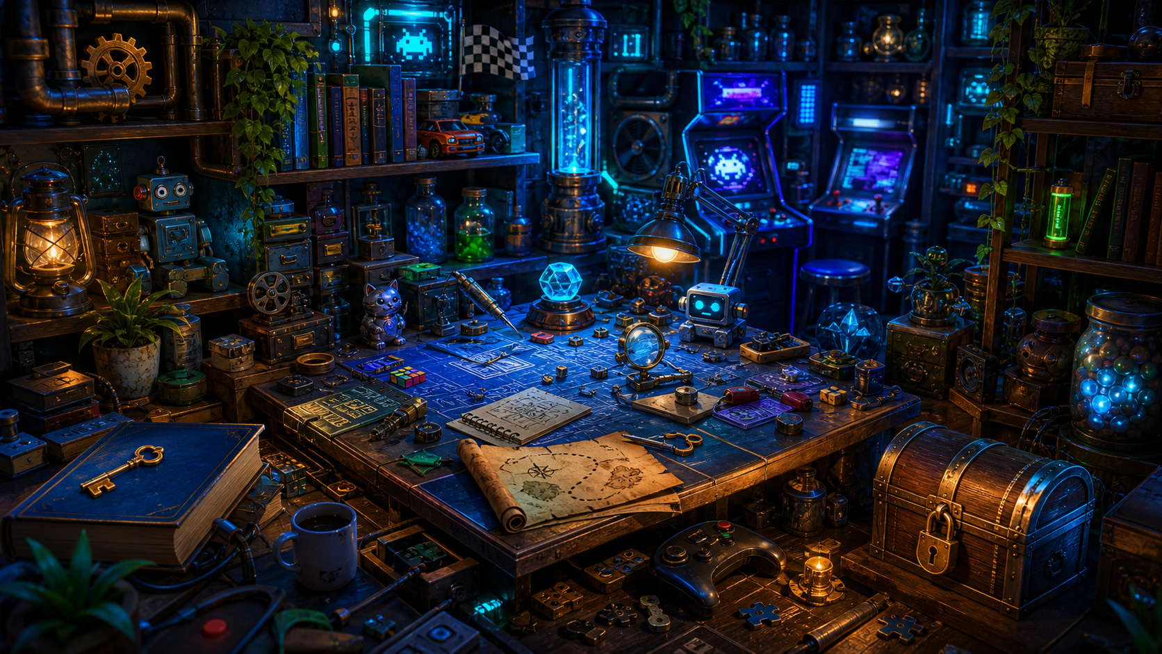Wimmel Lab Spielgrafik mit einem neonblauen Abenteuer-Labor