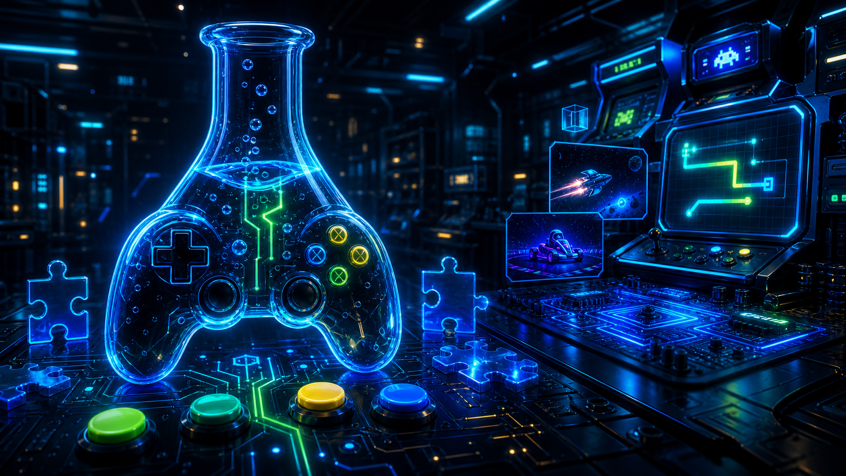 Neonblaues Elektronik-Arcade-Labor mit Mini-Game-Prototypen