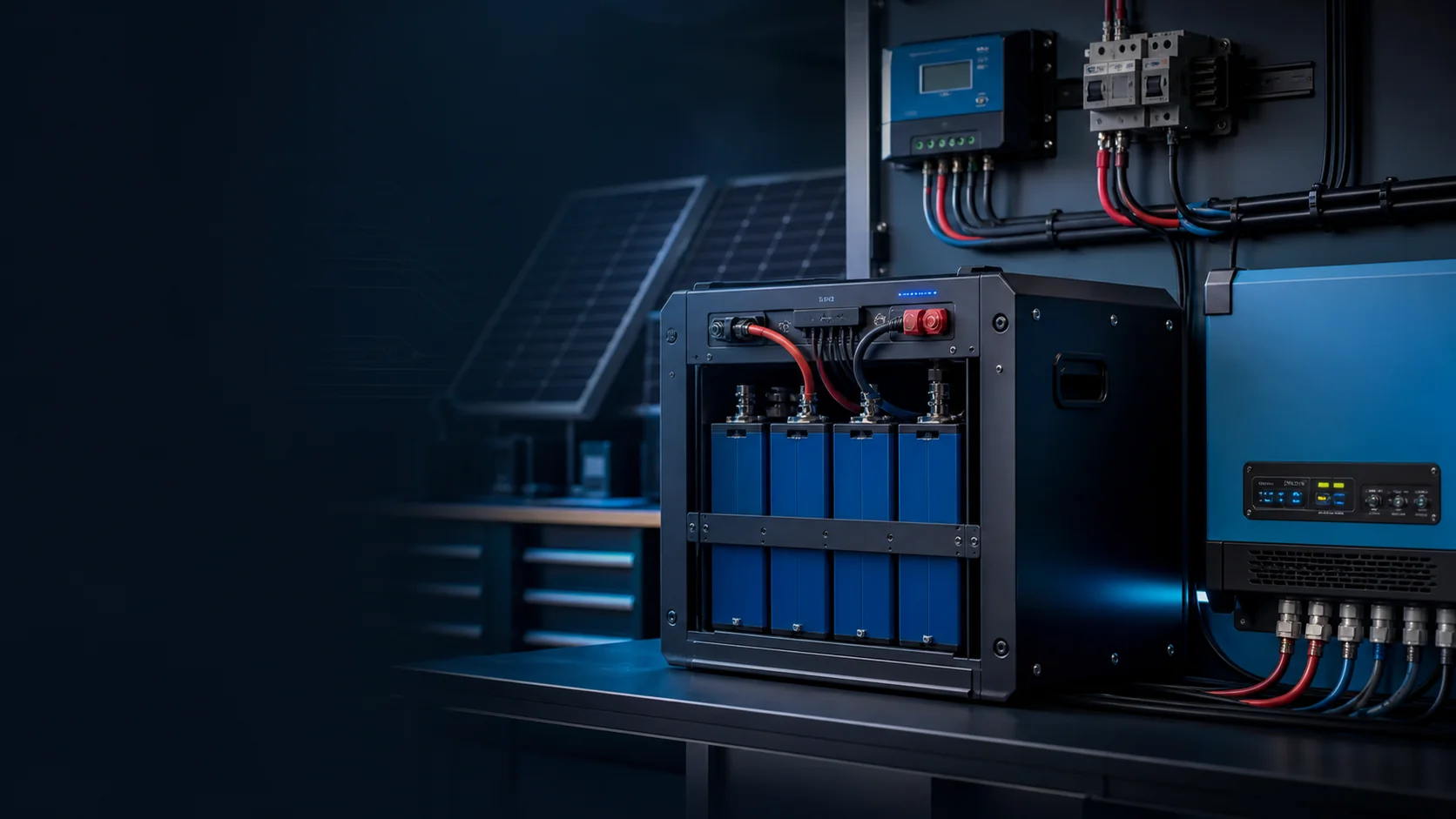 Batteriespeicher, Laderegler und Wechselrichter in einer sauberen Off-Grid-Installation