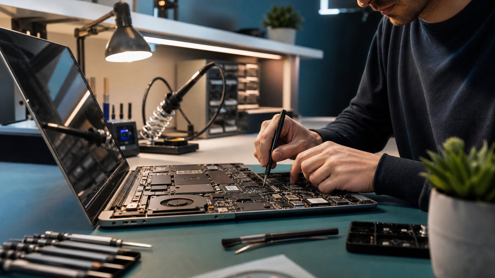 Laptop-Reparatur auf einer Werkbank