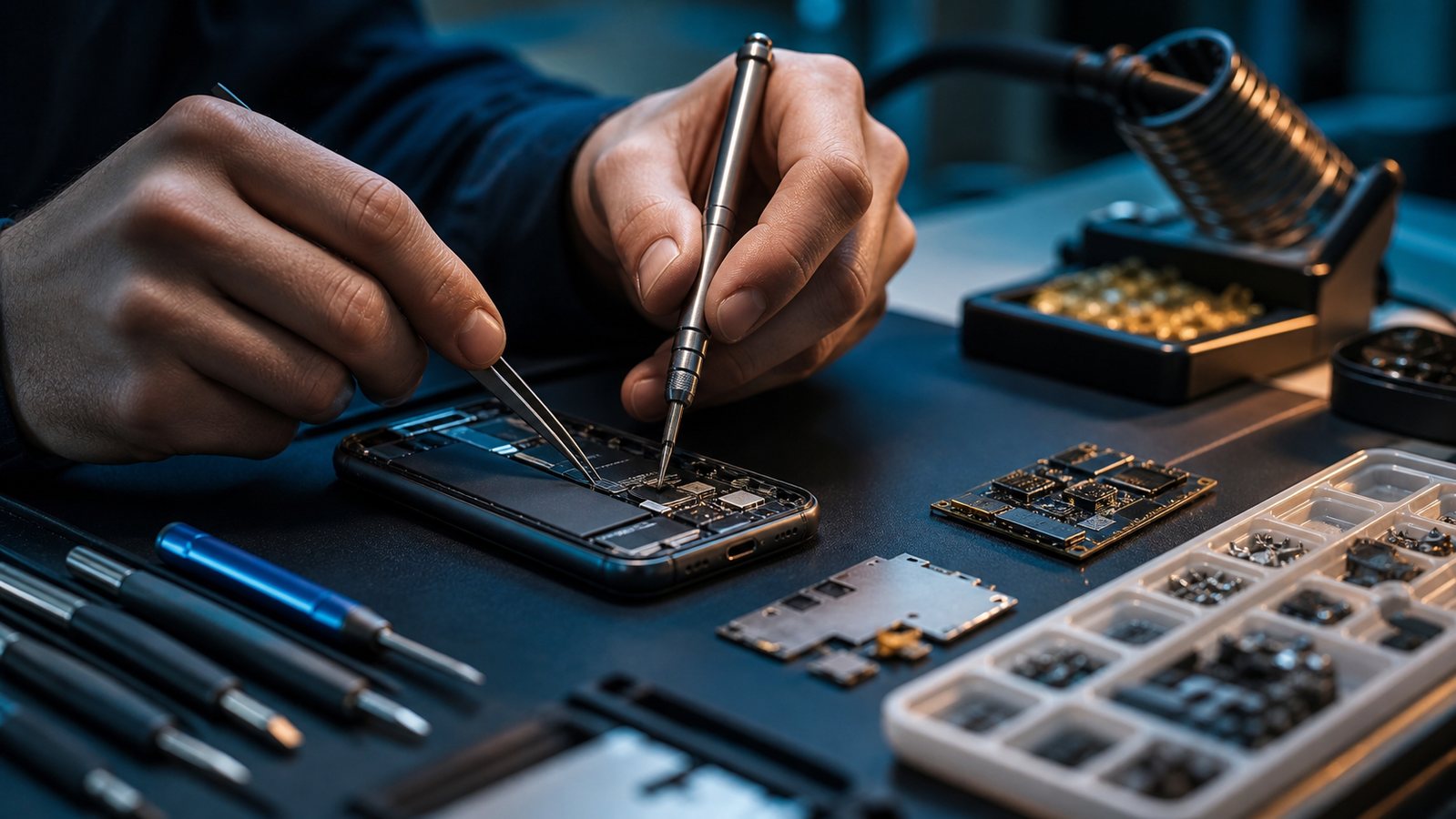 Feine Elektronikreparatur mit Präzisionswerkzeug