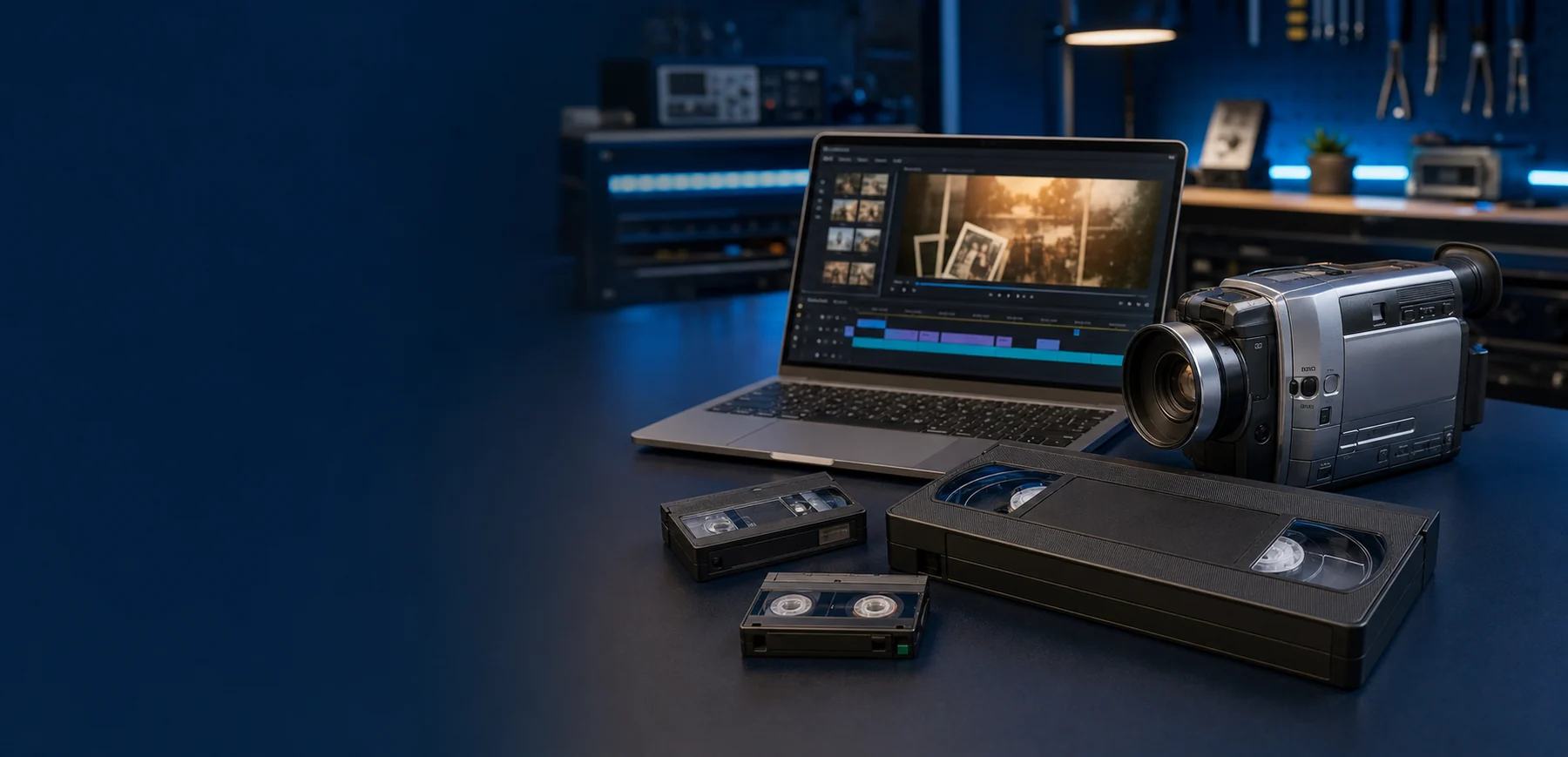 VHS-Kassetten, Camcorder und Laptop an einem modernen Digitalisierungsarbeitsplatz